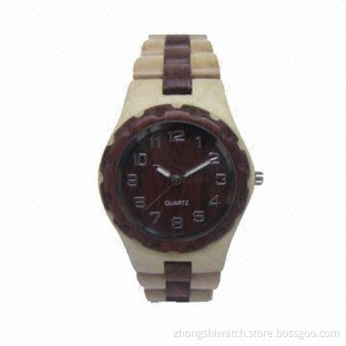 Multicolor Natural Wooden Watch, Made of Maple/Red Sandalwood Mixed, Quartz Japan Seiko Movement